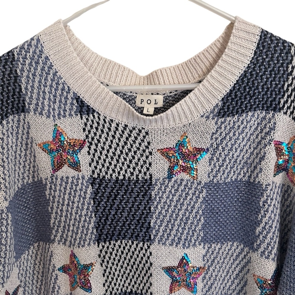 Pol Sequin Star Patchwork Plaid Sweater Size L - image 2